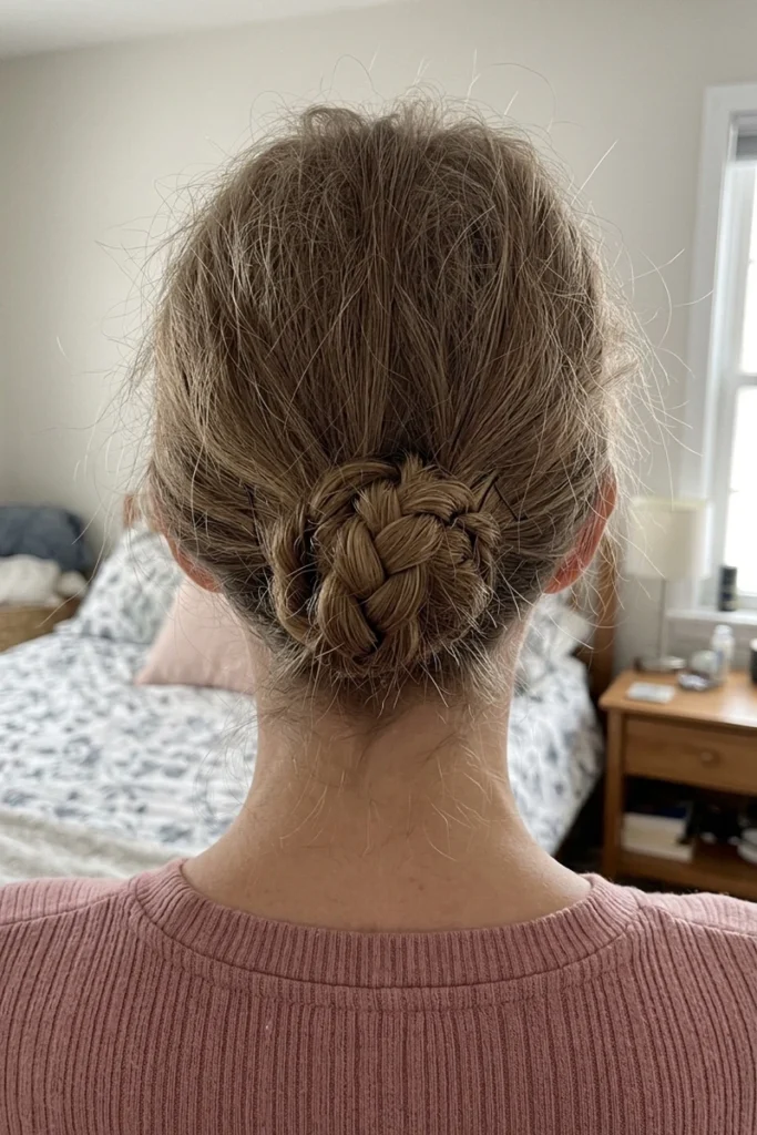 Braided bun styled on fine, thin hair with added volume at the roots