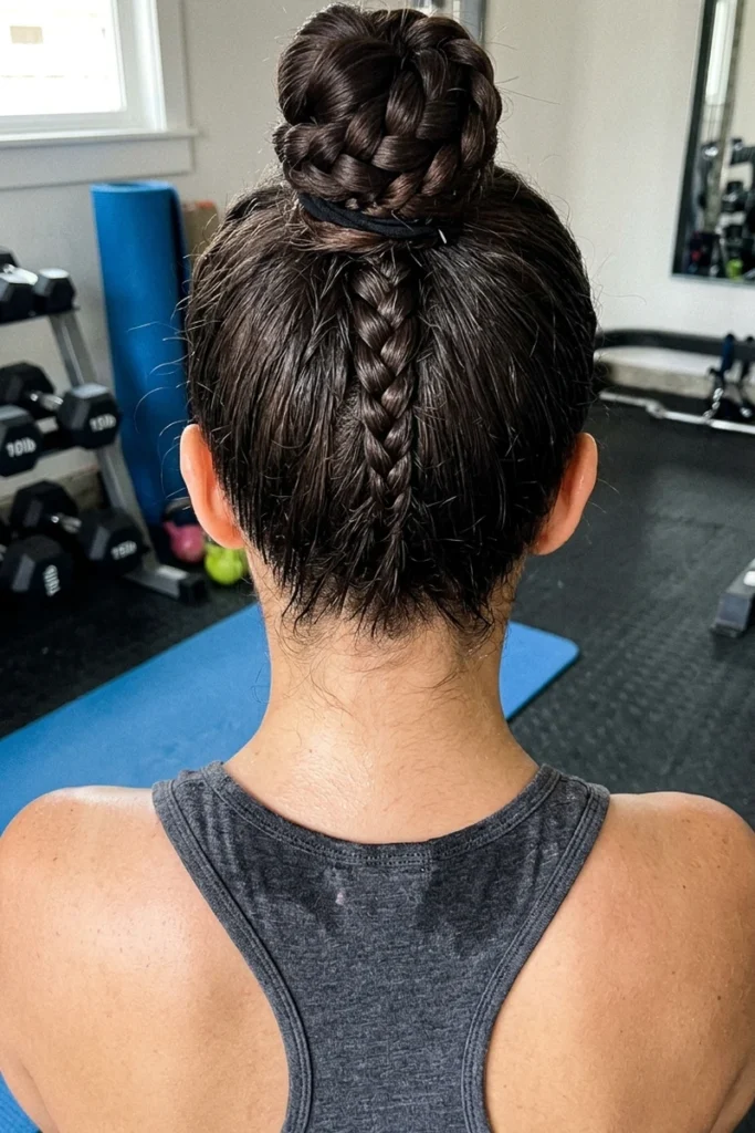 Workout braided bun hairstyle secured tightly and positioned high for exercise