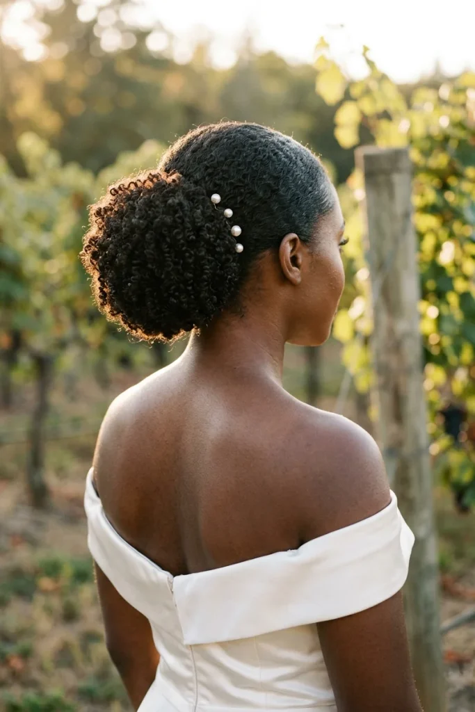 Bride with a natural curly bun, sleek edges and small pearl pins, wearing an off-the-shoulder dress in a vineyard
