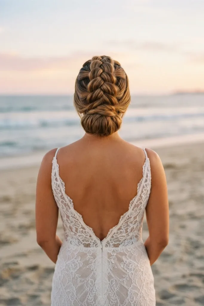 Back view of a bride on a beach at sunset with a raised Dutch braid flowing into a low bun and a lace V-back dress