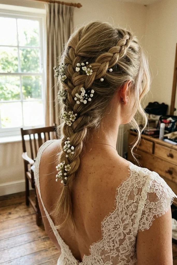 Elegant French braid styled for a wedding with delicate flowers