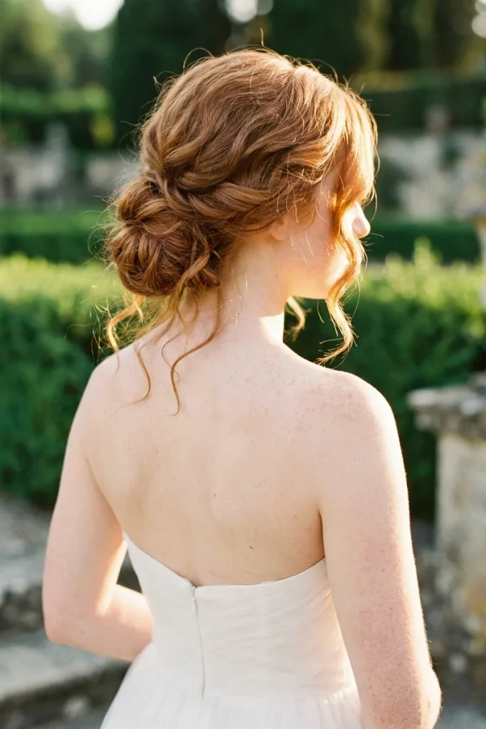 Red-haired bride with a romantic messy low bun and loose curled tendrils, wearing a strapless dress in a garden