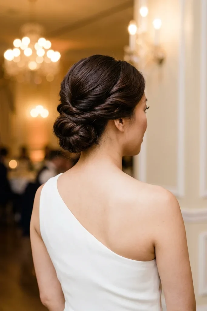 Bride with a dark brown twisted side chignon and a one-shoulder white dress in a ballroom with chandeliers