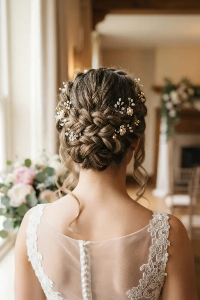 Braided crown bridal updo hairstyle with pearl hair accessories, back view