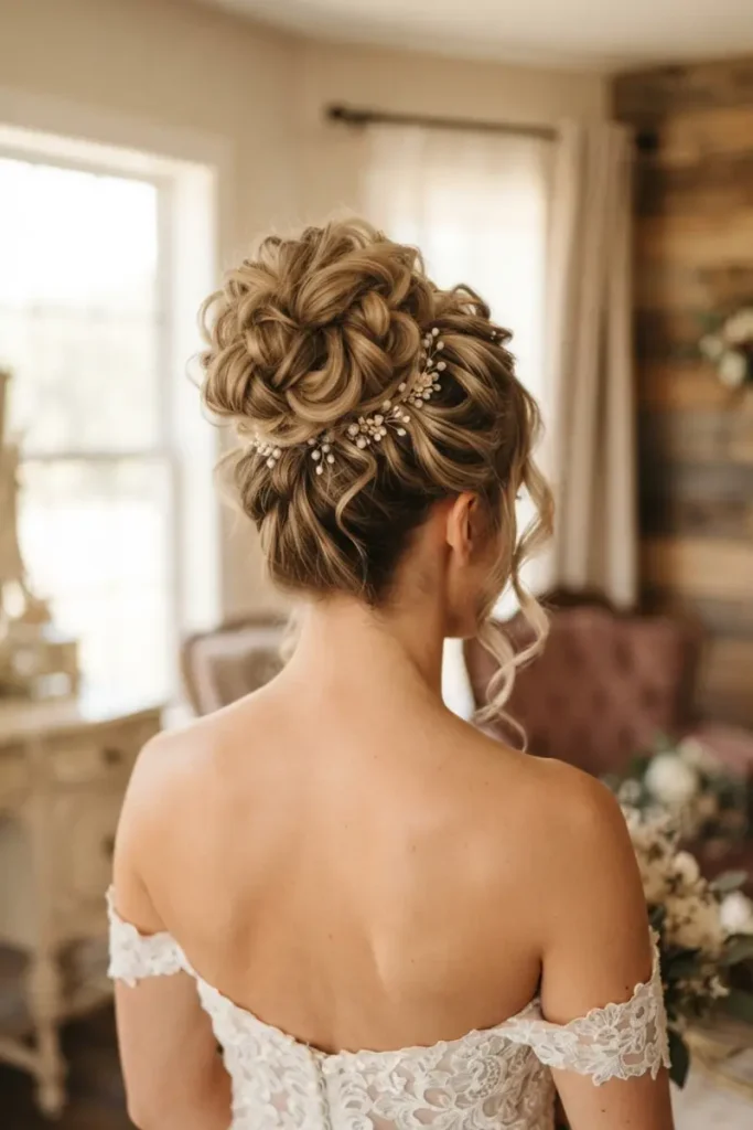 High textured bun bridal updo hairstyle with pearl hairpins, back view