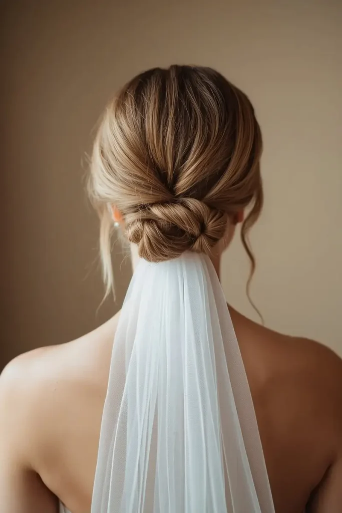 Low chignon bridal updo with veil attached at the nape of the neck