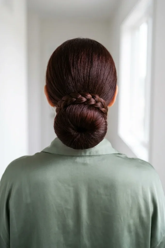 Back view of a low plain bun with a single braid wrapped around its base like a band, on dark auburn hair

