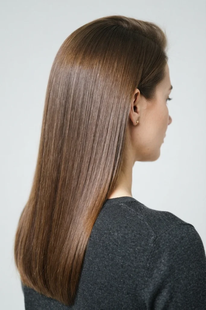 Sleek, glossy straight brown hair with healthy volume at the roots, back view