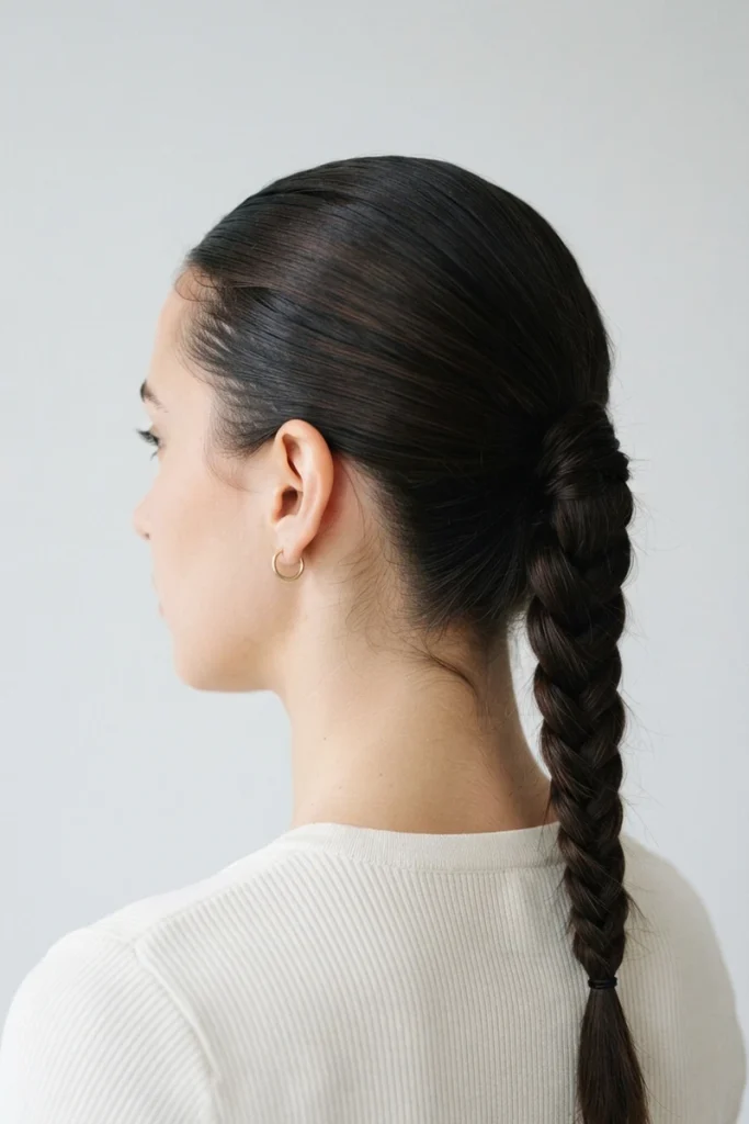 Sleek, tightly pulled-back braid showing hairline tension, back view