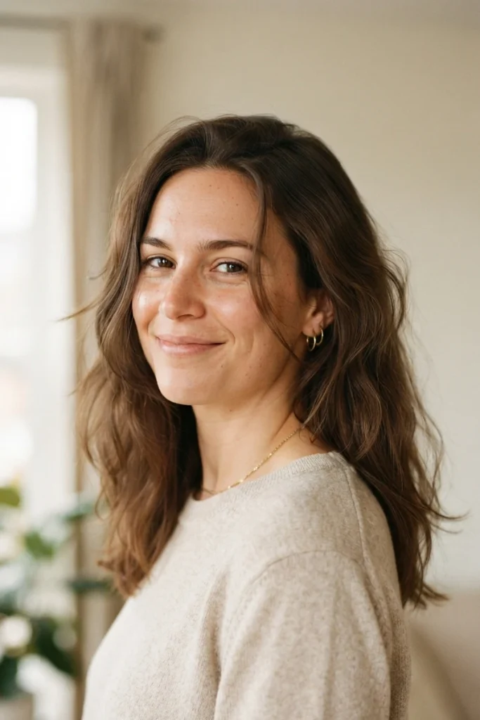 Natural, minimally-styled healthy hair with relaxed everyday texture, front view
