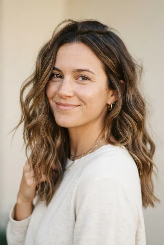 Natural loose beachy waves in medium-brown hair, front view