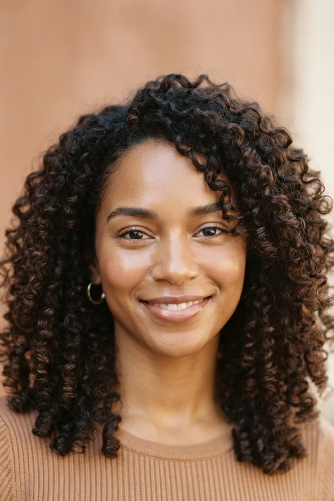 Defined, moisturized curly hair with springy ringlet clumps, front view