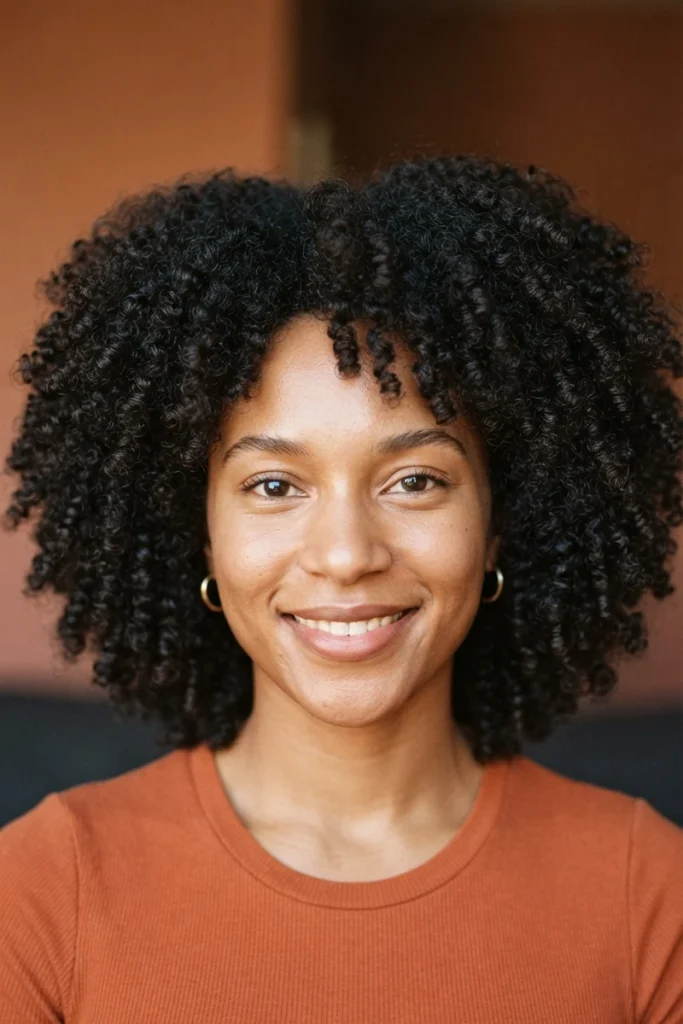 Full, moisturized coily kinky afro hair texture, front view