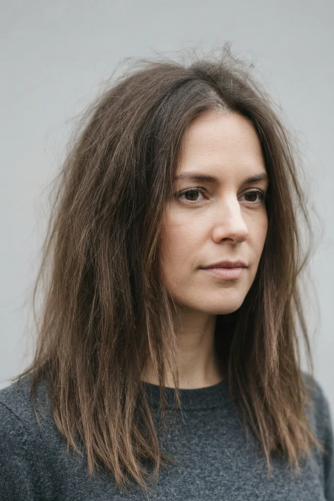 Dry, dull hair with visible frizz and flyaways, front view