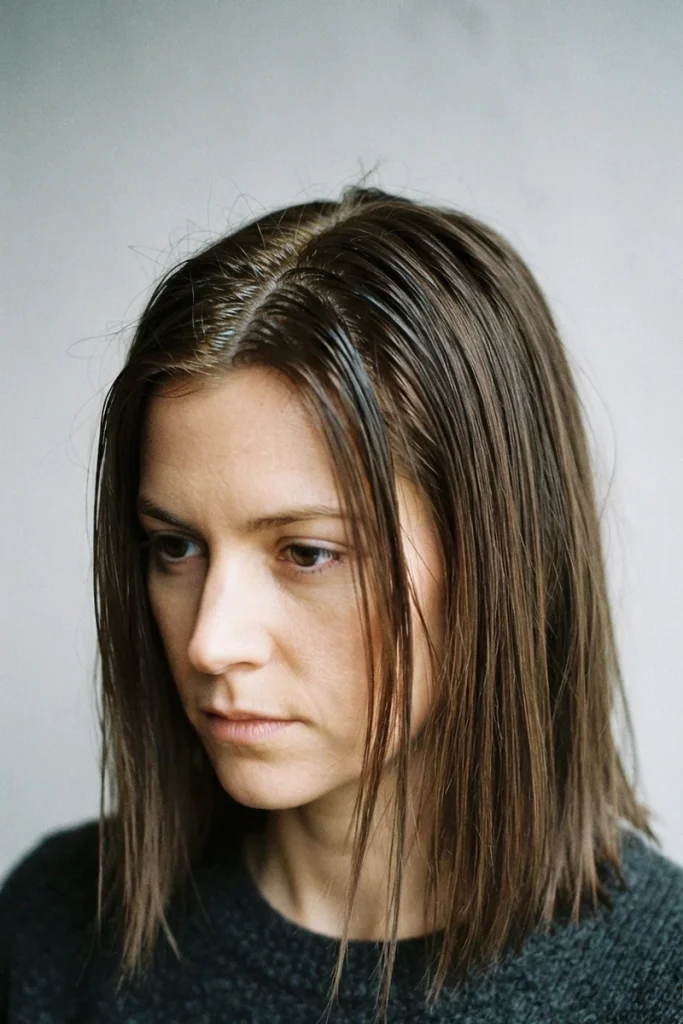 Oily roots and limp, flat hair lengths, side profile