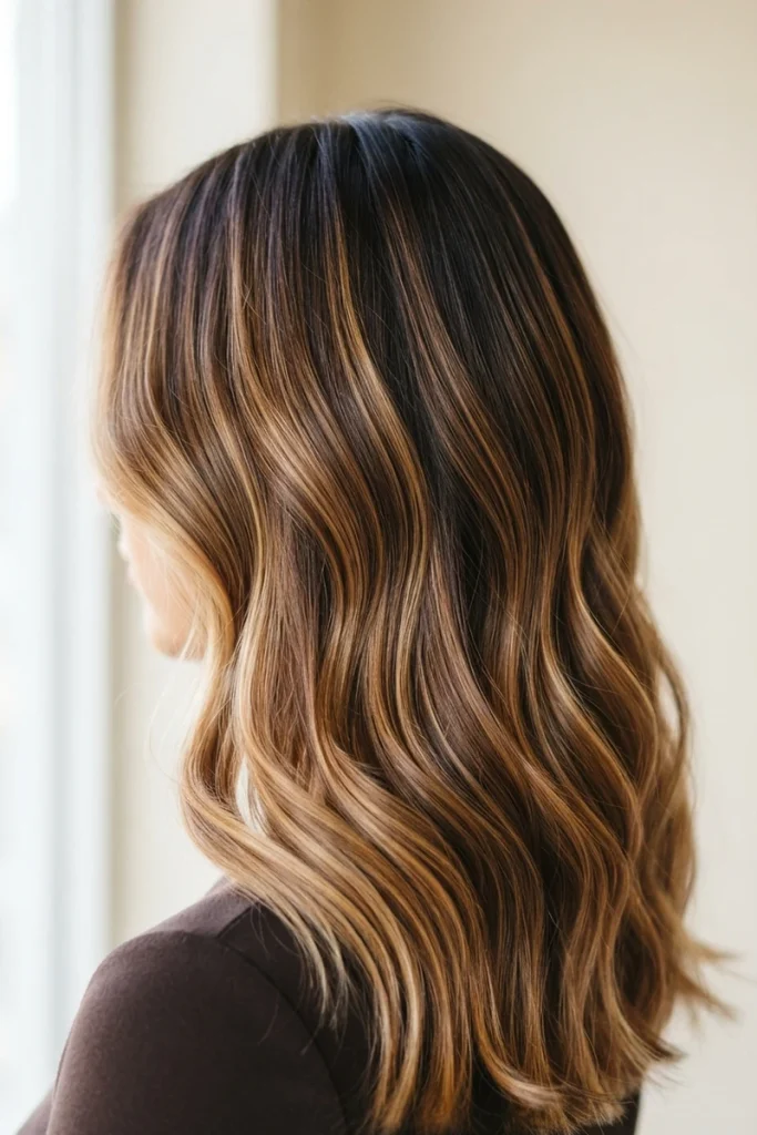 Vibrant, glossy dimensional balayage color with no brassiness, back view