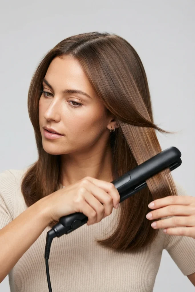 Woman straightening hair with a flat iron, mid-styling action