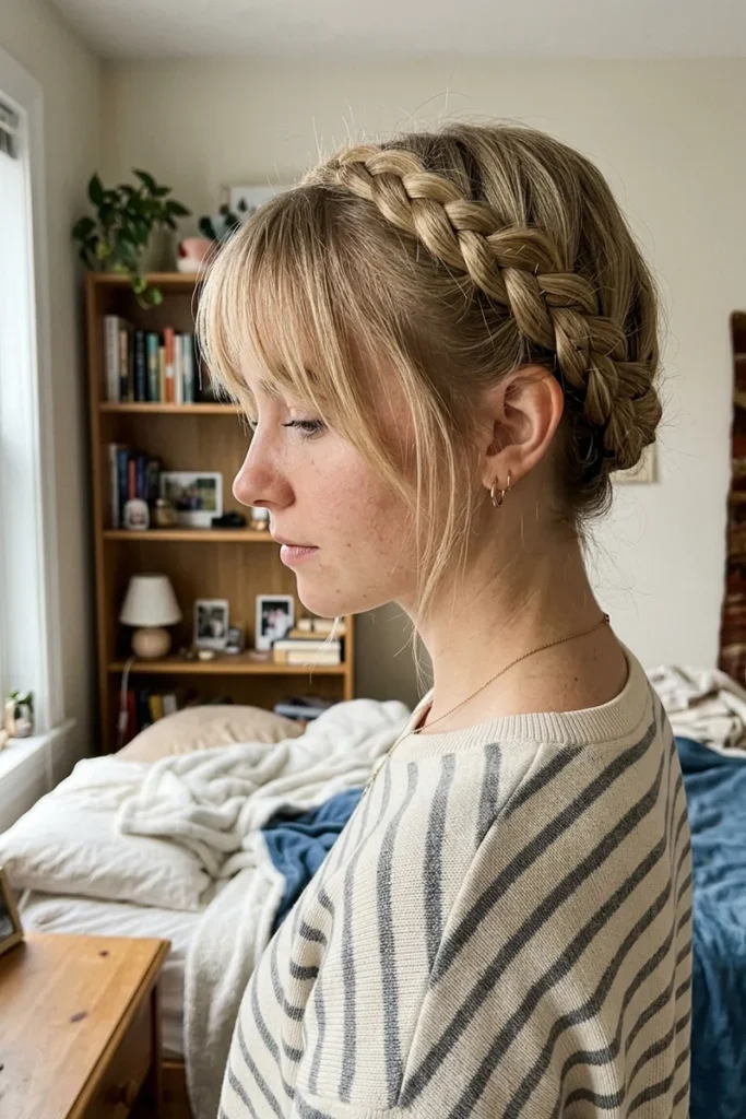 Crown braid with face-framing bangs left out for a softer look