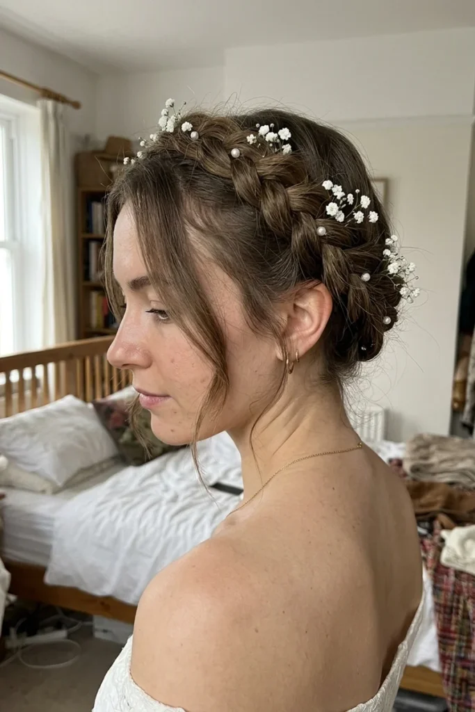 Bridal halo braid styled loosely with face-framing pieces and small florals