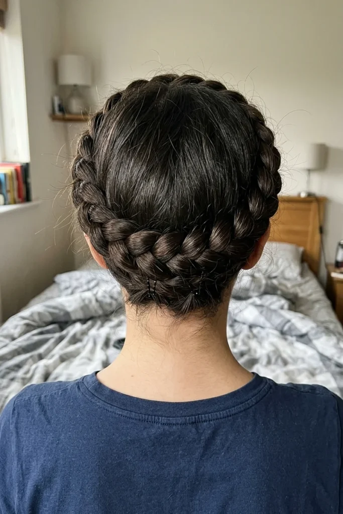 Classic two-braid crown braid wrapped around the head and pinned at the back