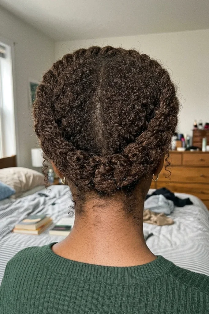 Crown braid styled on naturally curly hair with visible curl texture