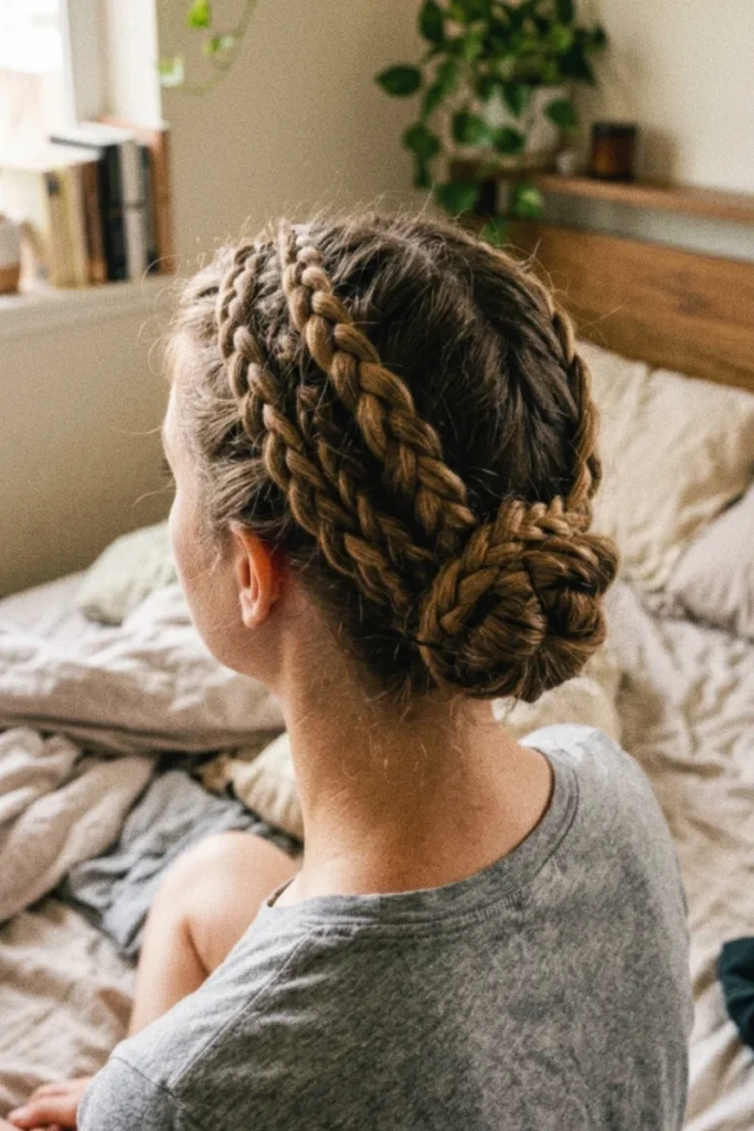 Double-row crown braid with two thinner braids on each side wrapped together