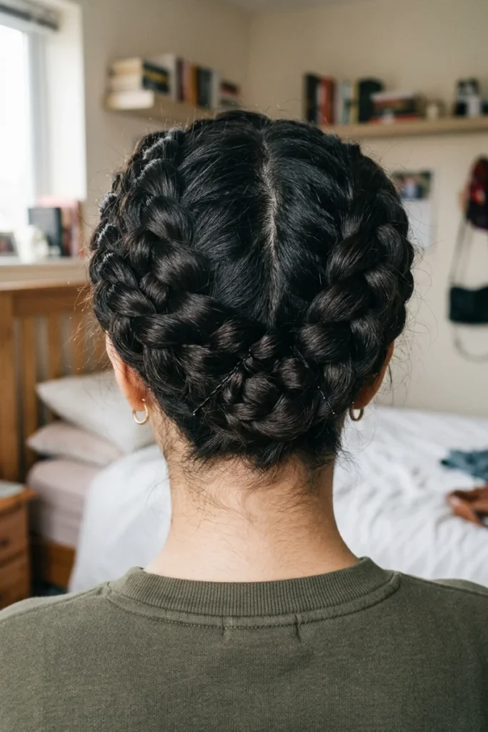 Dutch crown braid with raised, full plait texture wrapped around the head