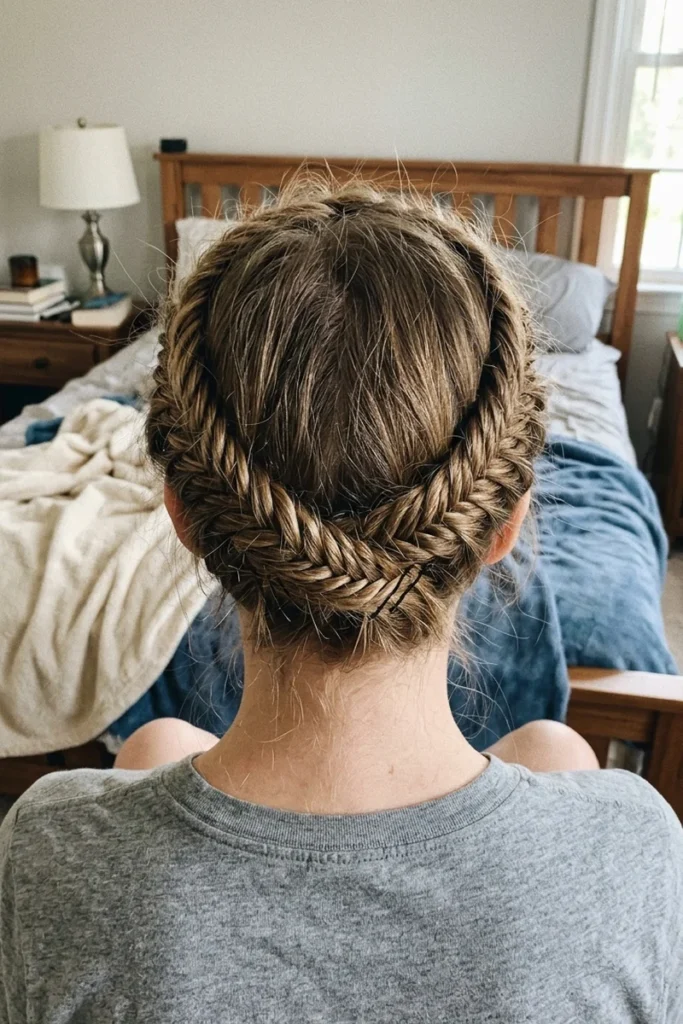 Fishtail crown braid wrapped around the head with delicate, textured plait pattern