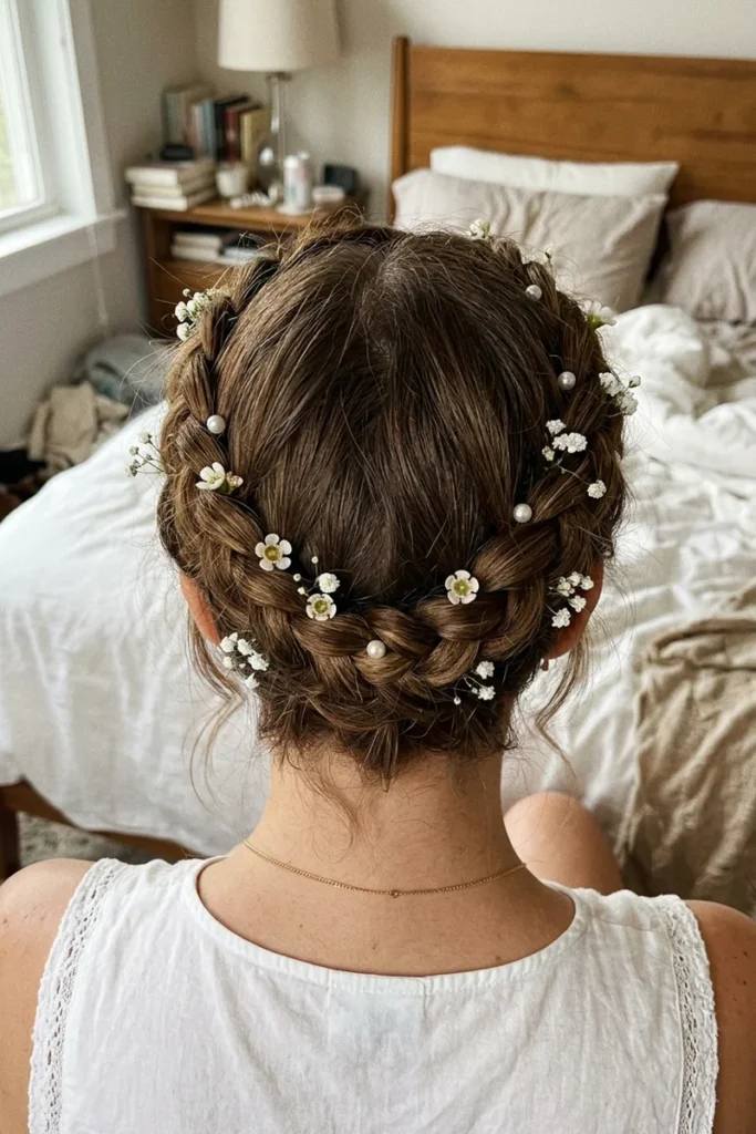 Crown braid decorated with small flowers and pearl pins tucked along the plait
