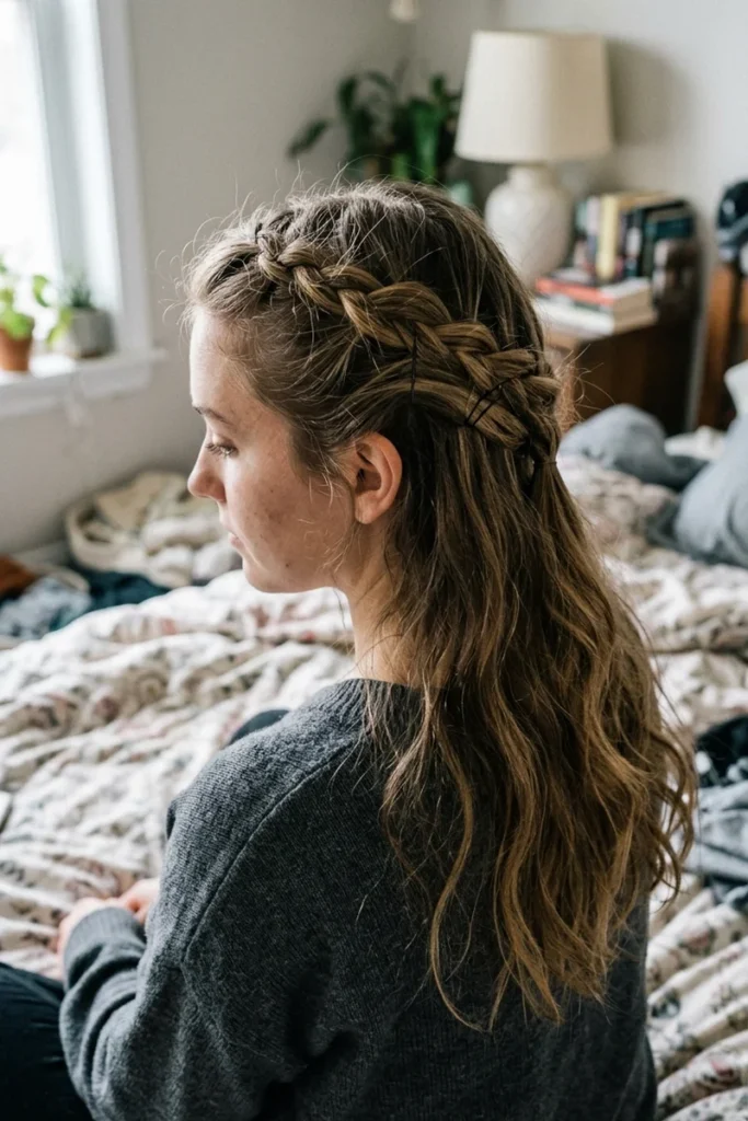 Half-crown braid with one side braided and the rest of the hair left down