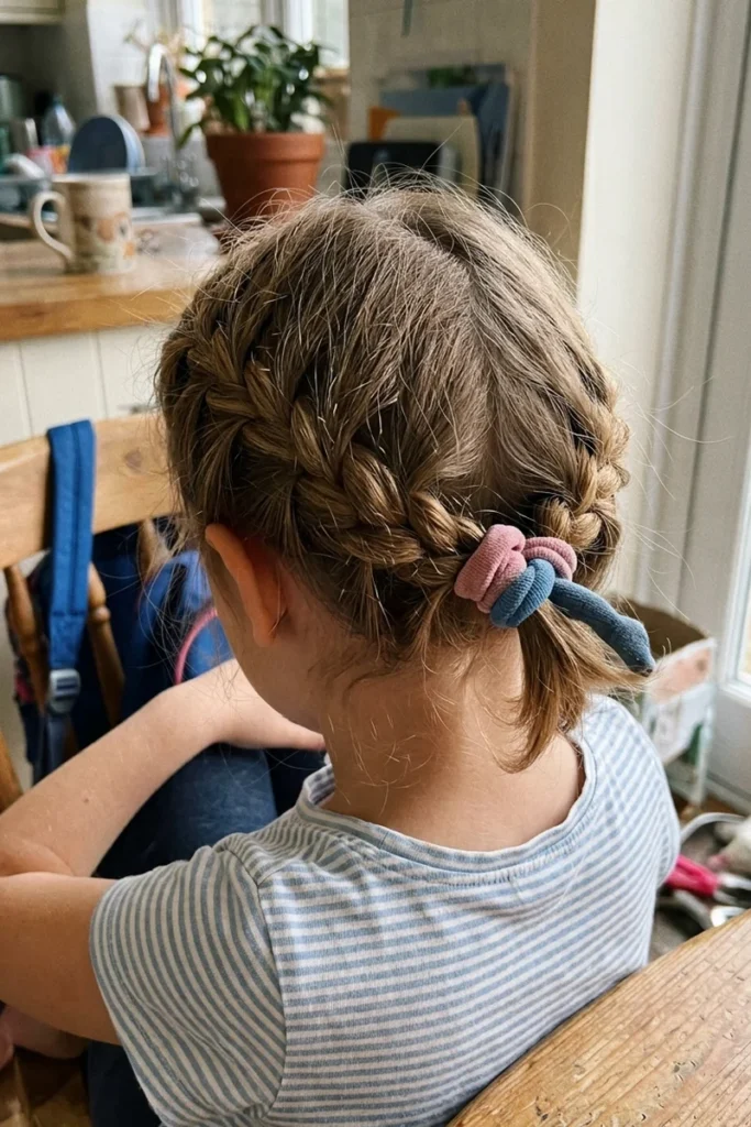 Kids' crown braid styled loosely and practically for school