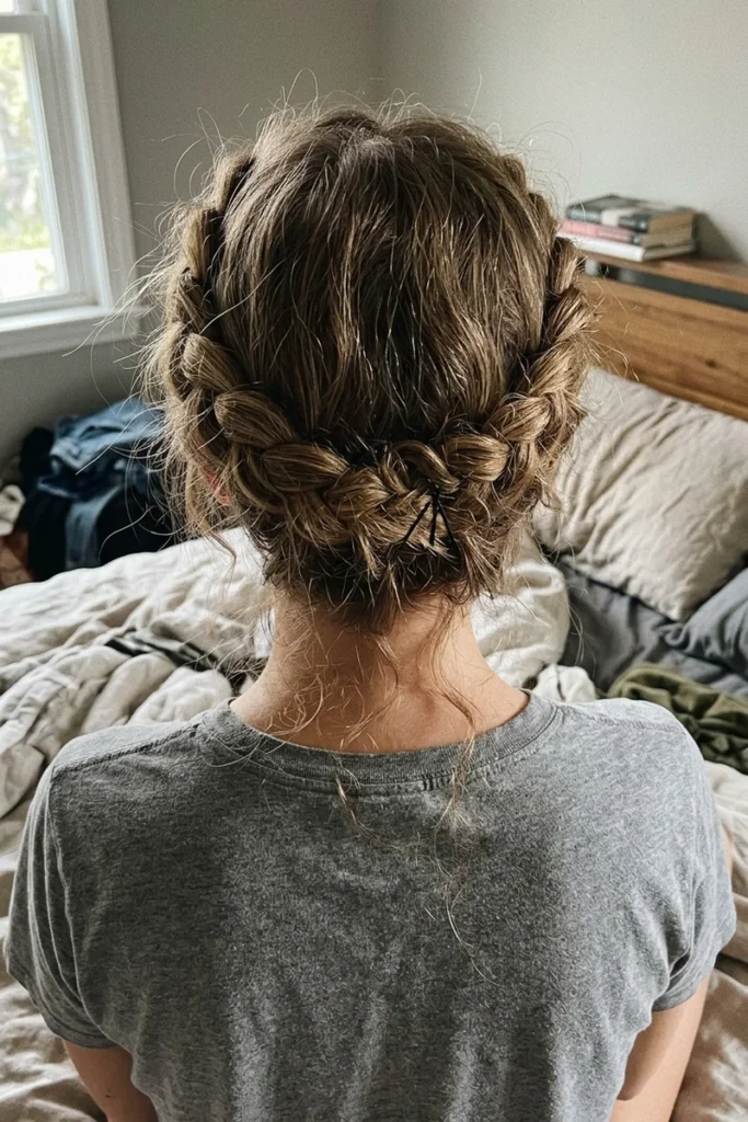 Loose, undone crown braid with pulled-wide strands and a relaxed, effortless look