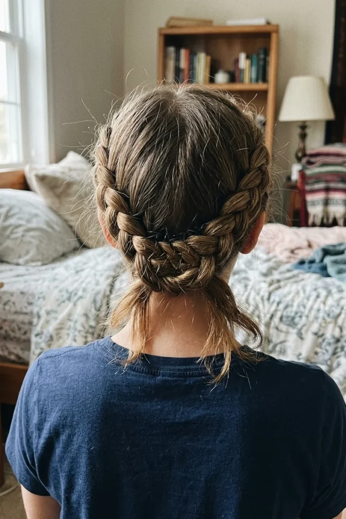 Crown braid styled on medium-length hair, wrapping around the lower half of the head