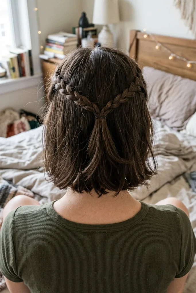 Mini crown braid styled on bob-length hair with short braided sections crossed at the back