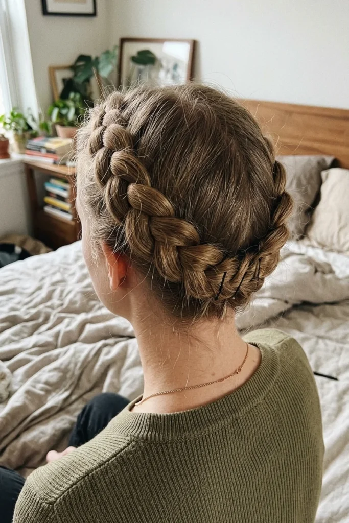 Crown braid styled on fine, thin hair with added volume at the roots