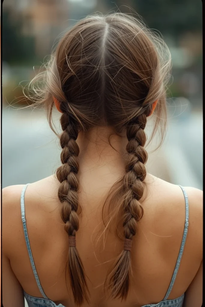 Two French braids running down either side of the head
