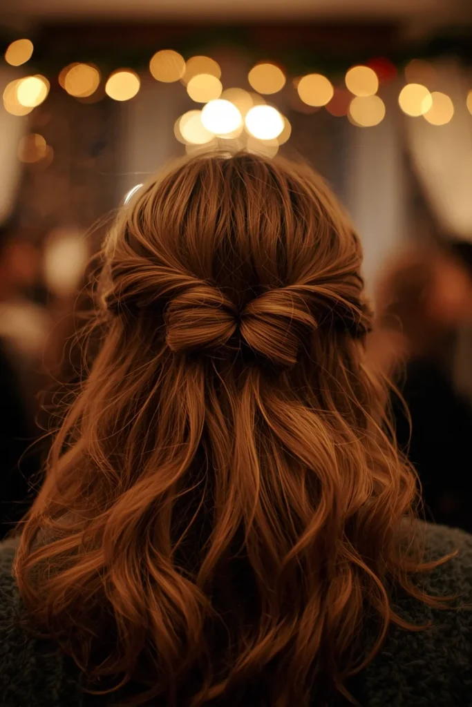 Half-up twisted crown hairstyle, back view, casual festive holiday party look with soft ambient lights