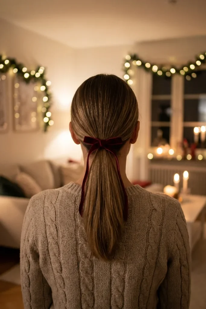 Low ribboned ponytail hairstyle with velvet bow, back view, cozy indoor holiday setting