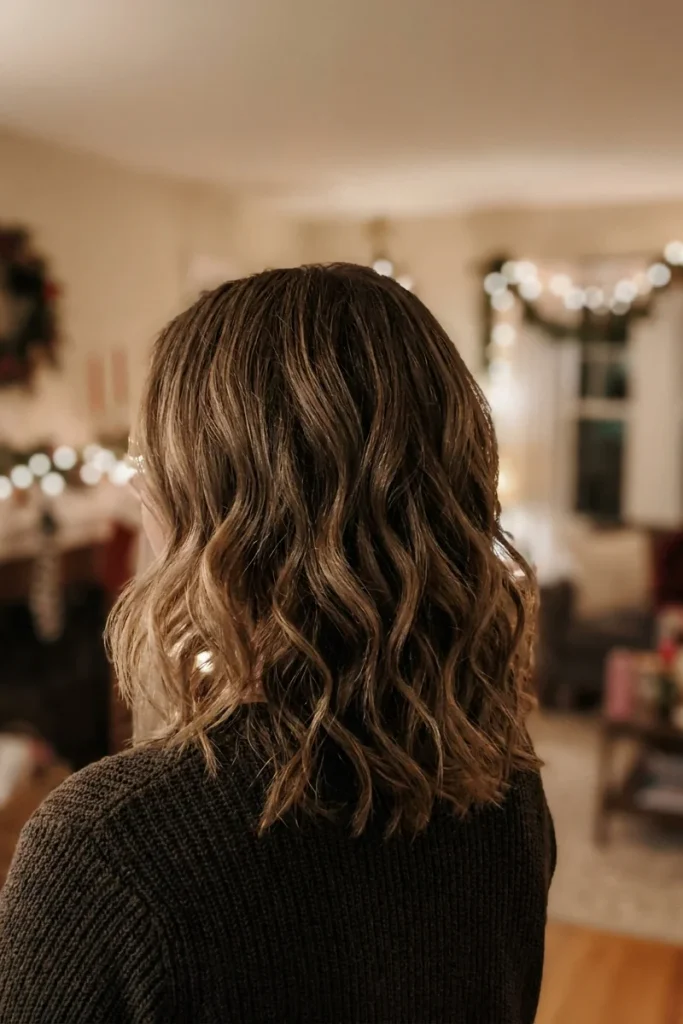 Textured lob length waves hairstyle, back view, casual cozy holiday setting