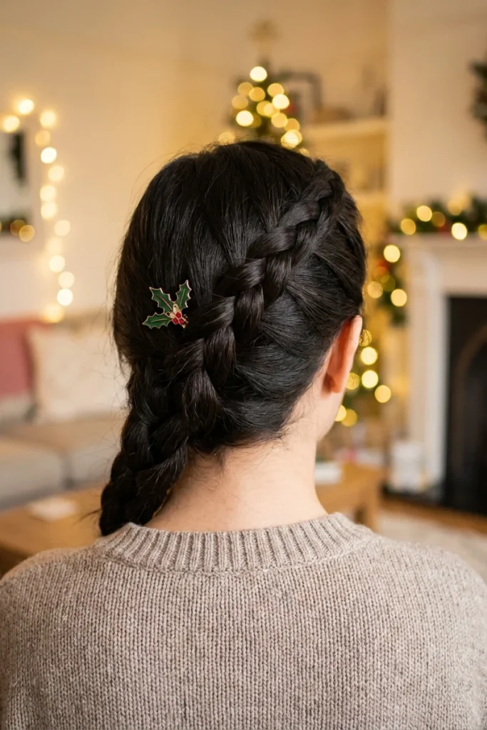 Side-swept braid hairstyle with holly clip accessory, back view, festive holiday setting