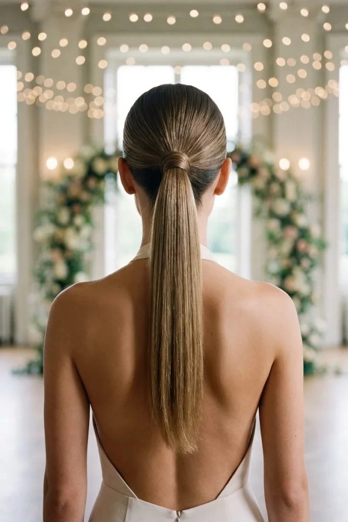 Sleek high ponytail with wrapped base, back view, formal prom venue setting