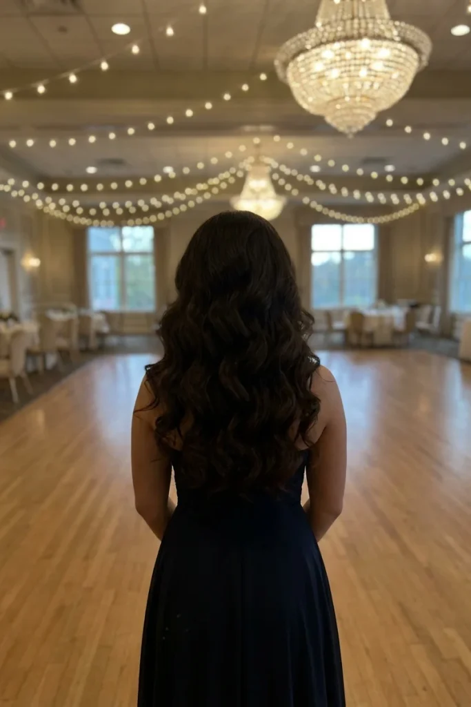 Voluminous curled blowout hairstyle, back view, empty formal prom ballroom setting