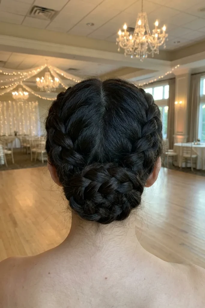 Braided halo crown hairstyle, back view, empty formal prom ballroom setting