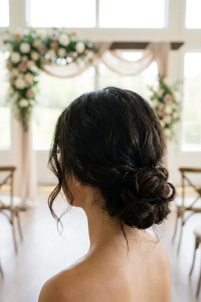 Soft low bun hairstyle with loose face-framing pieces, back view, elegant wedding venue setting
