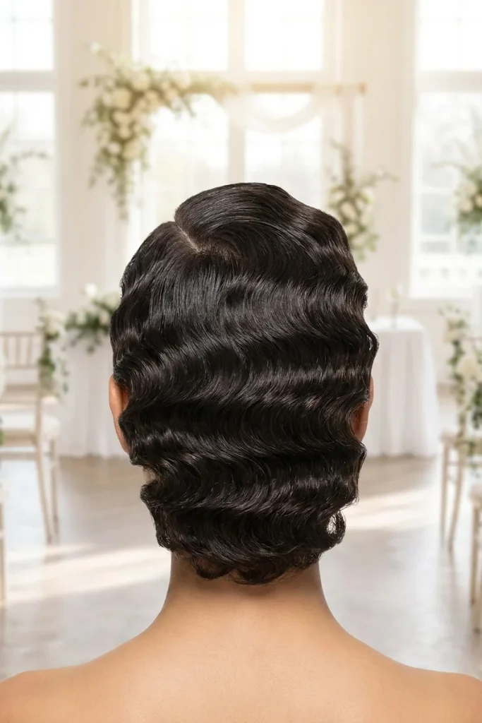 Side-parted finger waves hairstyle, back view, elegant wedding venue setting