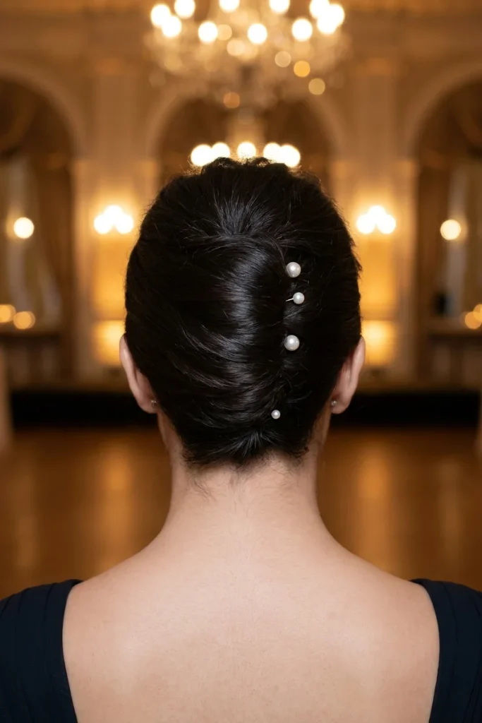 Structured French twist hairstyle with pearl pins, back view, formal evening wedding venue