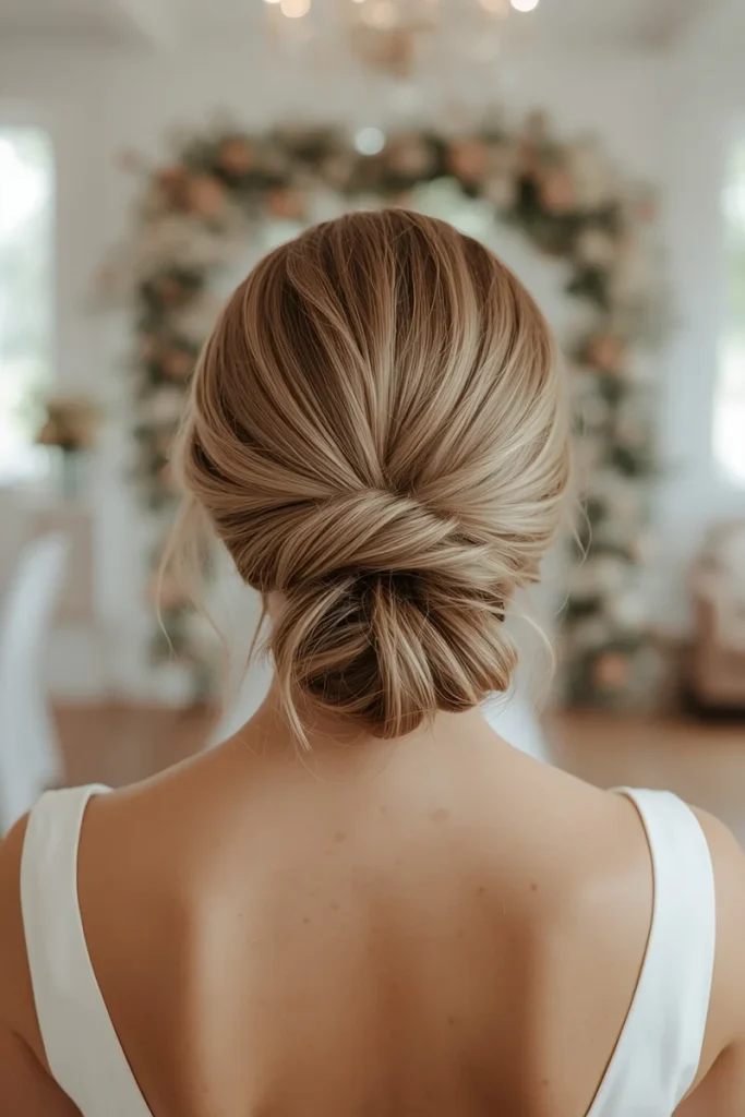 Loose chignon hairstyle with face-framing pieces, back view, elegant wedding venue setting
