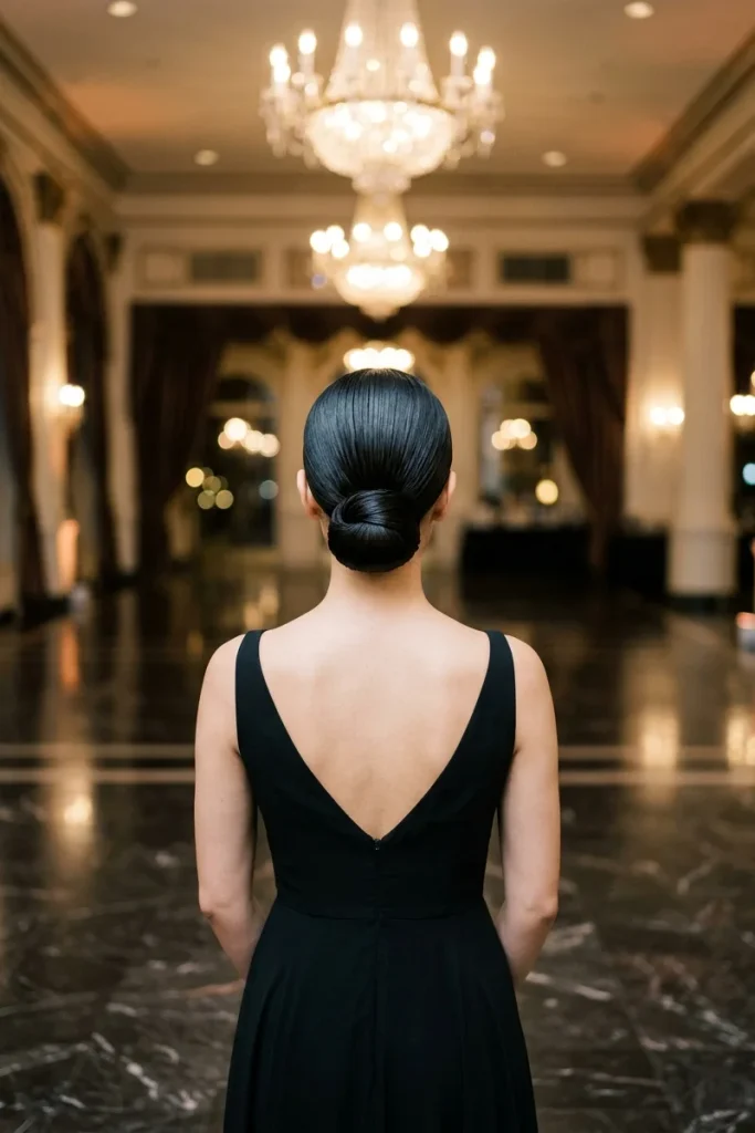 Sleek slicked-back bun hairstyle, back view, glamorous black-tie gala venue