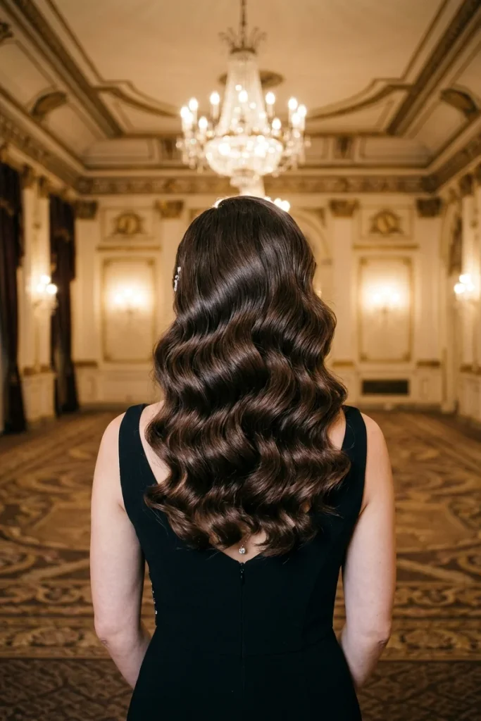 Vintage Hollywood waves hairstyle, back view, glamorous black-tie gala venue