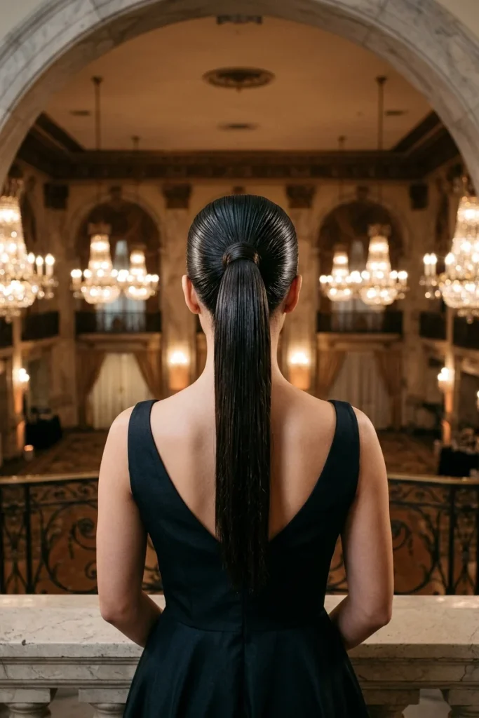 High sculpted ponytail with wet-look gel finish, back view, glamorous black-tie gala venue